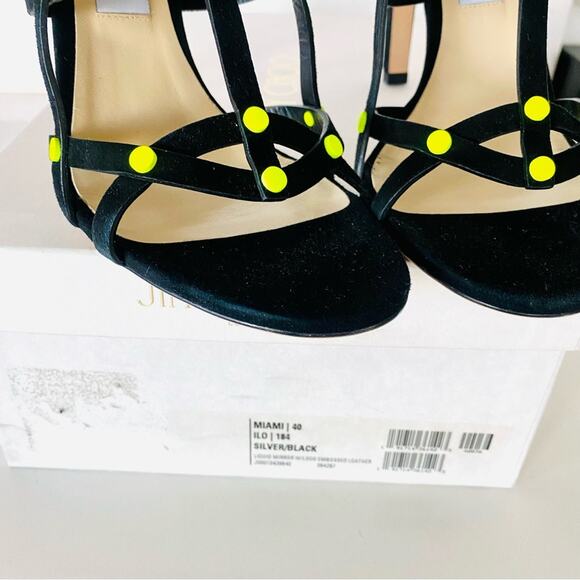 NEW JIMMY CHOO Black Neon Yellow Studded Tina Caged Heel Stiletto Sandals 40 10 - Picture 13 of 16